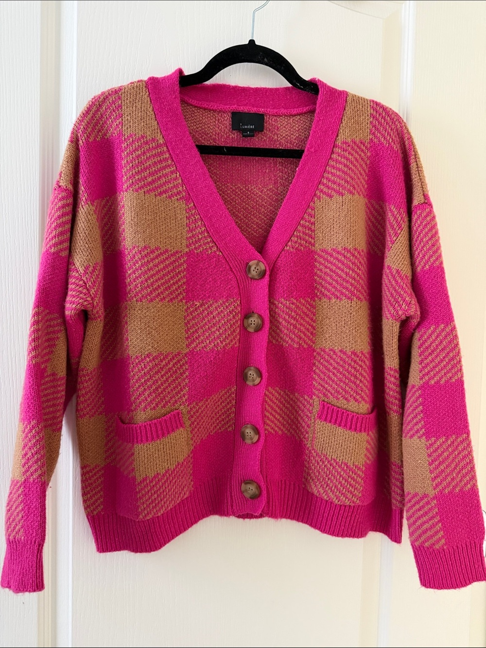 Lumiere Hot Pink & Tan Checkered V-Neck Button Cardigan